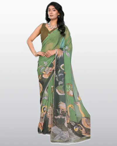Look Rich  Georgette Silk Flowers Printed Moti Lace Border Sarees