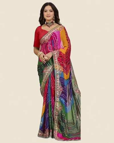 Heavy Madhubani Embroidery Work Georgette Sarees — image 3