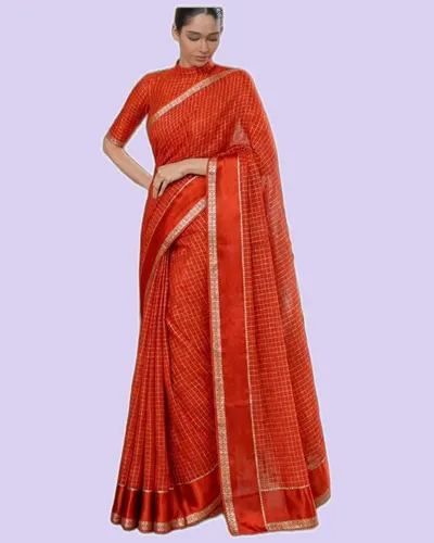 Elegant Gold Zari Border Check Classical Saree — image 2