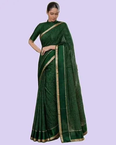 Elegant Gold Zari Border Check Classical Saree — image 2