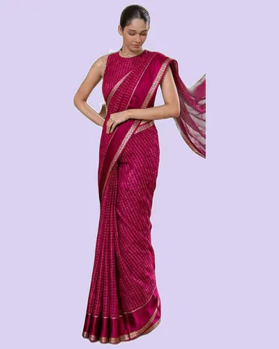 Elegant Gold Zari Border Check Classical Saree — image 2