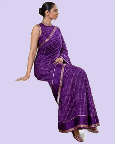 Elegant Gold Zari Border Check Classical Saree — image 2