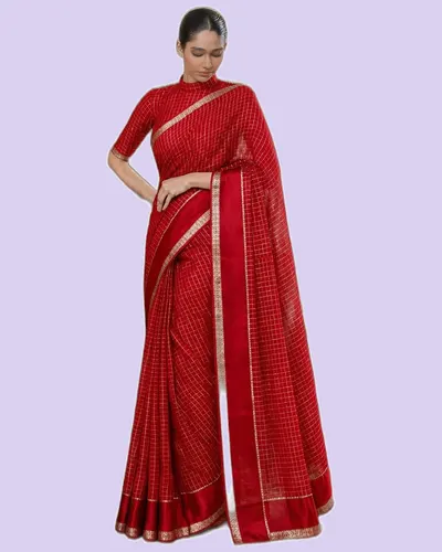 Elegant Gold Zari Border Check Classical Saree