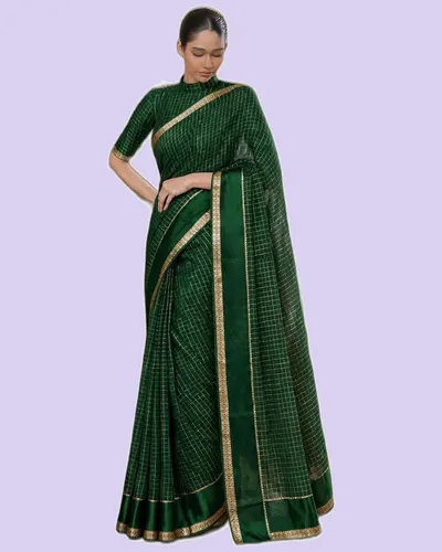 Elegant Gold Zari Border Check Classical Saree