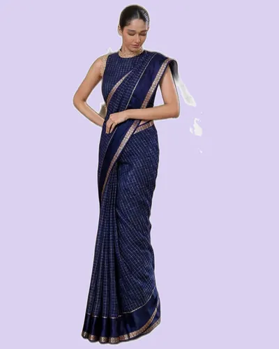 Elegant Gold Zari Border Check Classical Saree — image 2
