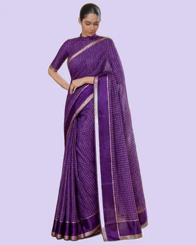 Elegant Gold Zari Border Check Classical Saree