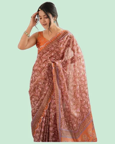 Elegant Festive Chinon Mirror Work Block Print Sarees — image 5