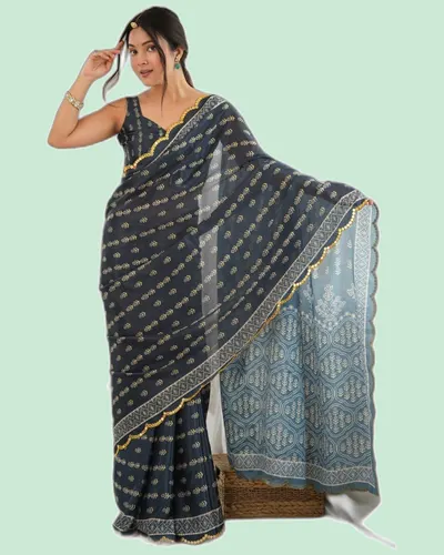 Elegant Festive Chinon Mirror Work Block Print Sarees — image 2