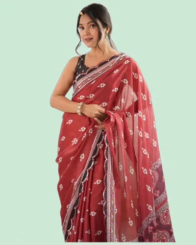 Elegant Festive Chinon Mirror Work Block Print Sarees — image 6