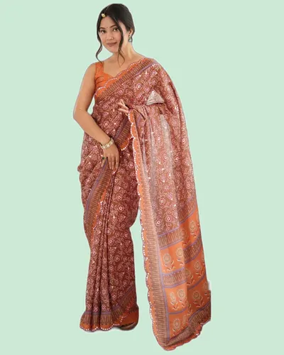 Elegant Festive Chinon Mirror Work Block Print Sarees