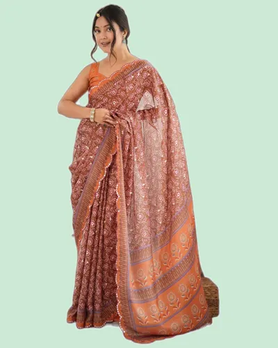 Elegant Festive Chinon Mirror Work Block Print Sarees — image 2