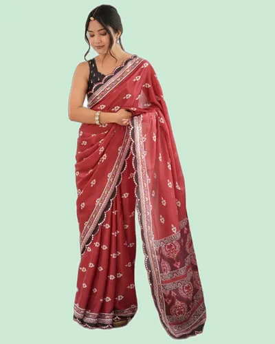 Elegant Festive Chinon Mirror Work Block Print Sarees — image 7