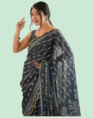 Elegant Festive Chinon Mirror Work Block Print Sarees — image 5
