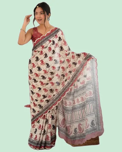 Elegant Festive Chinon Mirror Work Block Print Sarees — image 4