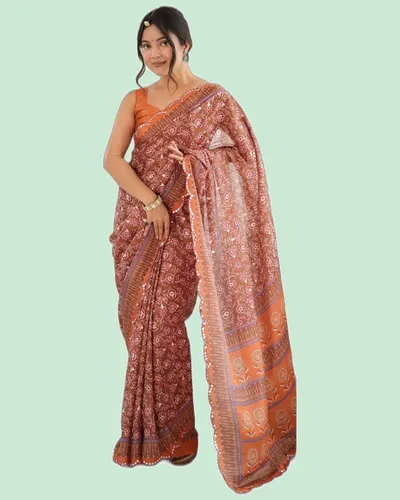 Elegant Festive Chinon Mirror Work Block Print Sarees — image 6