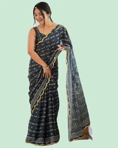 Elegant Festive Chinon Mirror Work Block Print Sarees — image 6