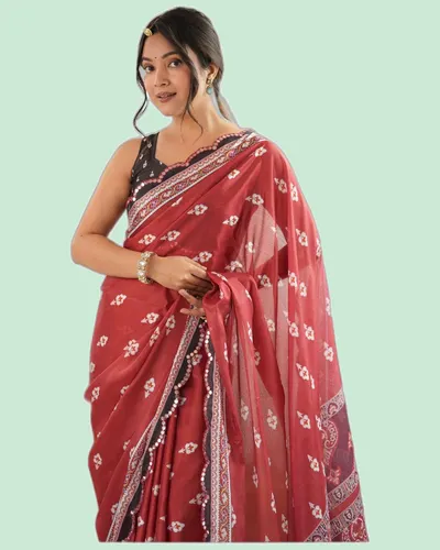 Elegant Festive Chinon Mirror Work Block Print Sarees — image 2