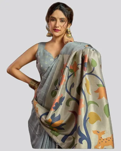 Sukanya Linen Sequience Jacquard Pallu Pom-Pom Sarees — image 2