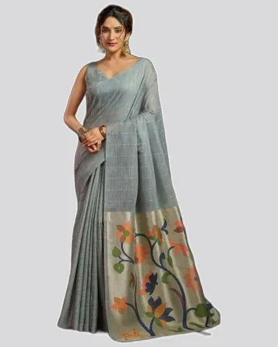 Sukanya Linen Sequience Jacquard Pallu Pom-Pom Sarees — image 3