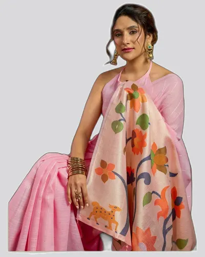 Sukanya Linen Sequience Jacquard Pallu Pom-Pom Sarees — image 2