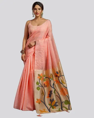 Sukanya Linen Sequience Jacquard Pallu Pom-Pom Sarees