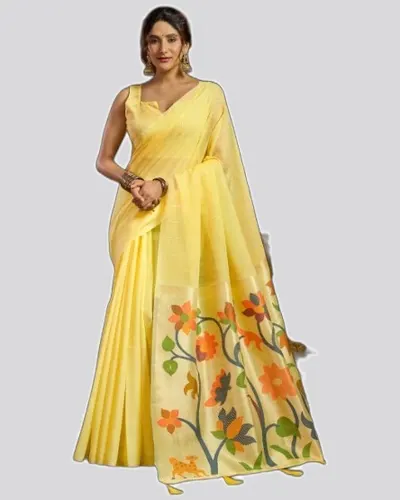 Sukanya Linen Sequience Jacquard Pallu Pom-Pom Sarees — image 2