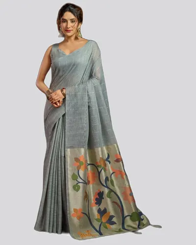 Sukanya Linen Sequience Jacquard Pallu Pom-Pom Sarees