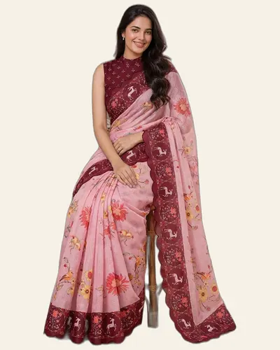 Light Weight Kota Chex Fabric  Print Sarees — image 2
