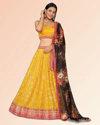 Stylish Tassels Floral Print Georgette & Organza Lehenga