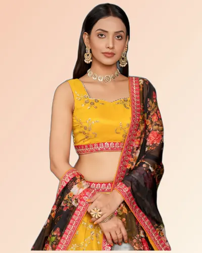 Stylish Tassels Floral Print Georgette & Organza Lehenga — image 2