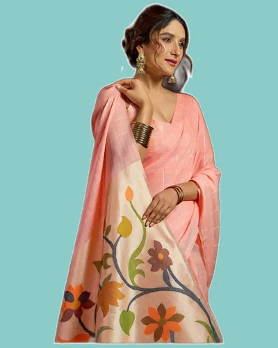 Ethnic Linen Jacquard Pallu Stylish Pom-Pom Sarees — image 2