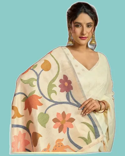 Ethnic Linen Jacquard Pallu Stylish Pom-Pom Sarees — image 3