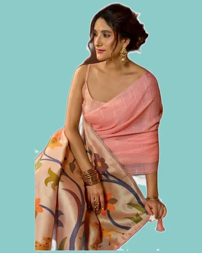 Ethnic Linen Jacquard Pallu Stylish Pom-Pom Sarees — image 3