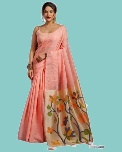 Ethnic Linen Jacquard Pallu Stylish Pom-Pom Sarees