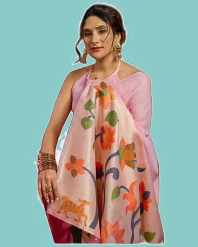 Ethnic Linen Jacquard Pallu Stylish Pom-Pom Sarees — image 2