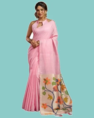 Ethnic Linen Jacquard Pallu Stylish Pom-Pom Sarees — image 3
