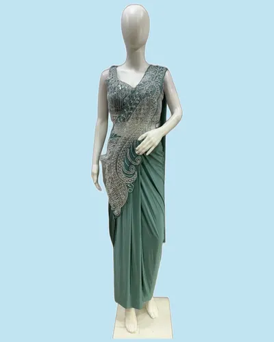 Handwork Imported Lycra Readywear  Sarees — image 2