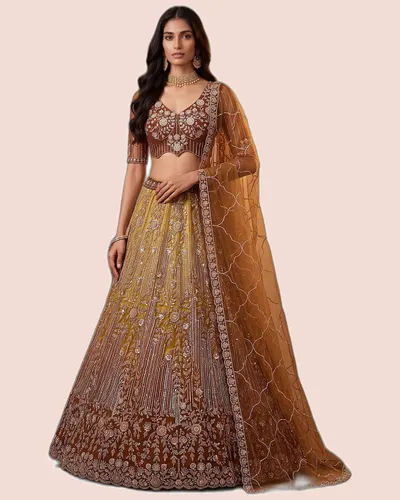 Premium Net Beads Work Zari Embroidered Lehengas