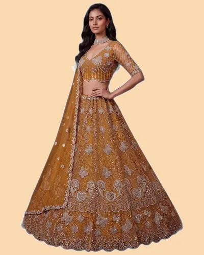 Eye-catchy Partywear Beads Crystal Embroidered Net Lehengas — image 4