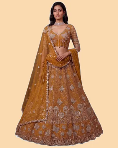 Eye-catchy Partywear Beads Crystal Embroidered Net Lehengas