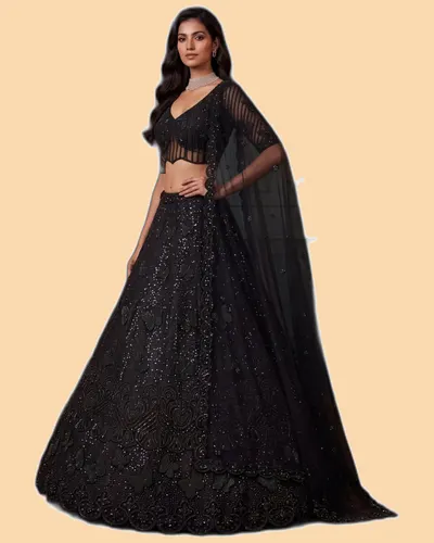 Eye-catchy Partywear Beads Crystal Embroidered Net Lehengas — image 2
