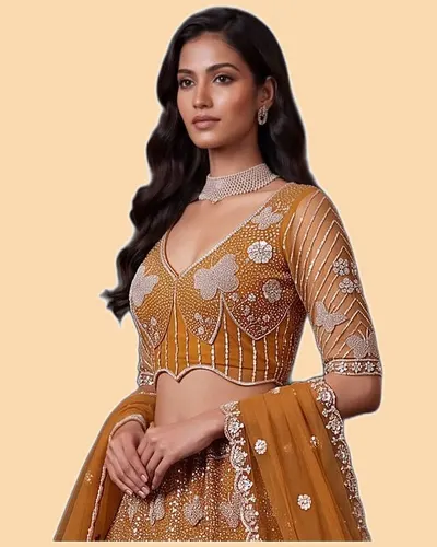 Eye-catchy Partywear Beads Crystal Embroidered Net Lehengas — image 5