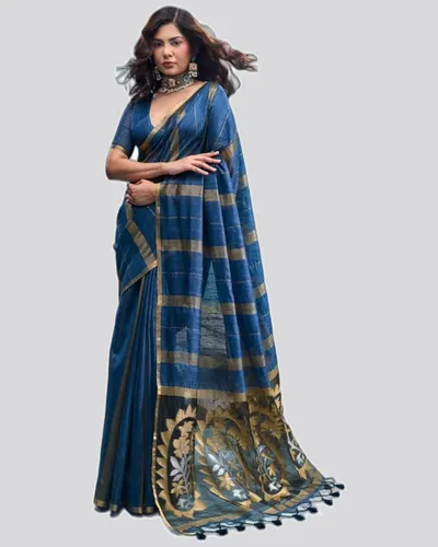 Traditional Harleen Wear Munga Cotton Weaved Sarees — image 2