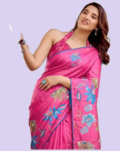 Floral Prints Tesla Digital Swarovski Work Sarees — image 2