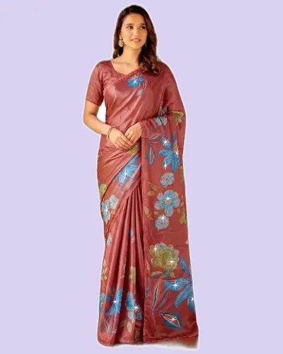 Floral Prints Tesla Digital Swarovski Work Sarees — image 2