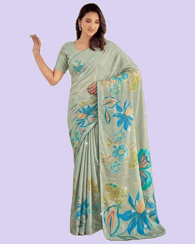 Floral Prints Tesla Digital Swarovski Work Sarees