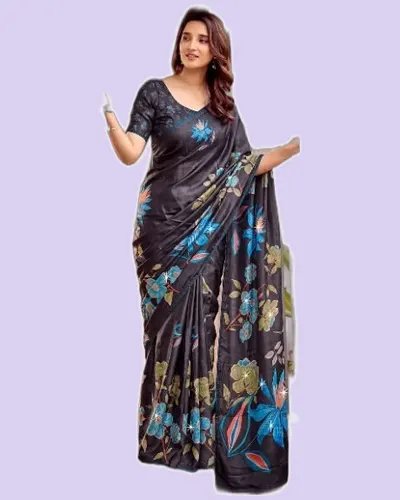 Floral Prints Tesla Digital Swarovski Work Sarees — image 2