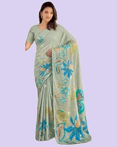Floral Prints Tesla Digital Swarovski Work Sarees — image 2