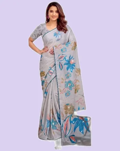 Floral Prints Tesla Digital Swarovski Work Sarees — image 2
