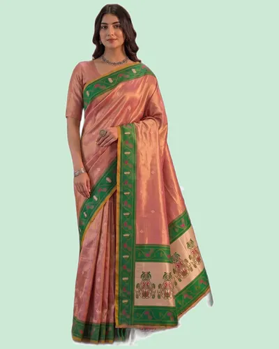 Elegant Tissue Silk Pallu Contrast Border Weaving Sarees